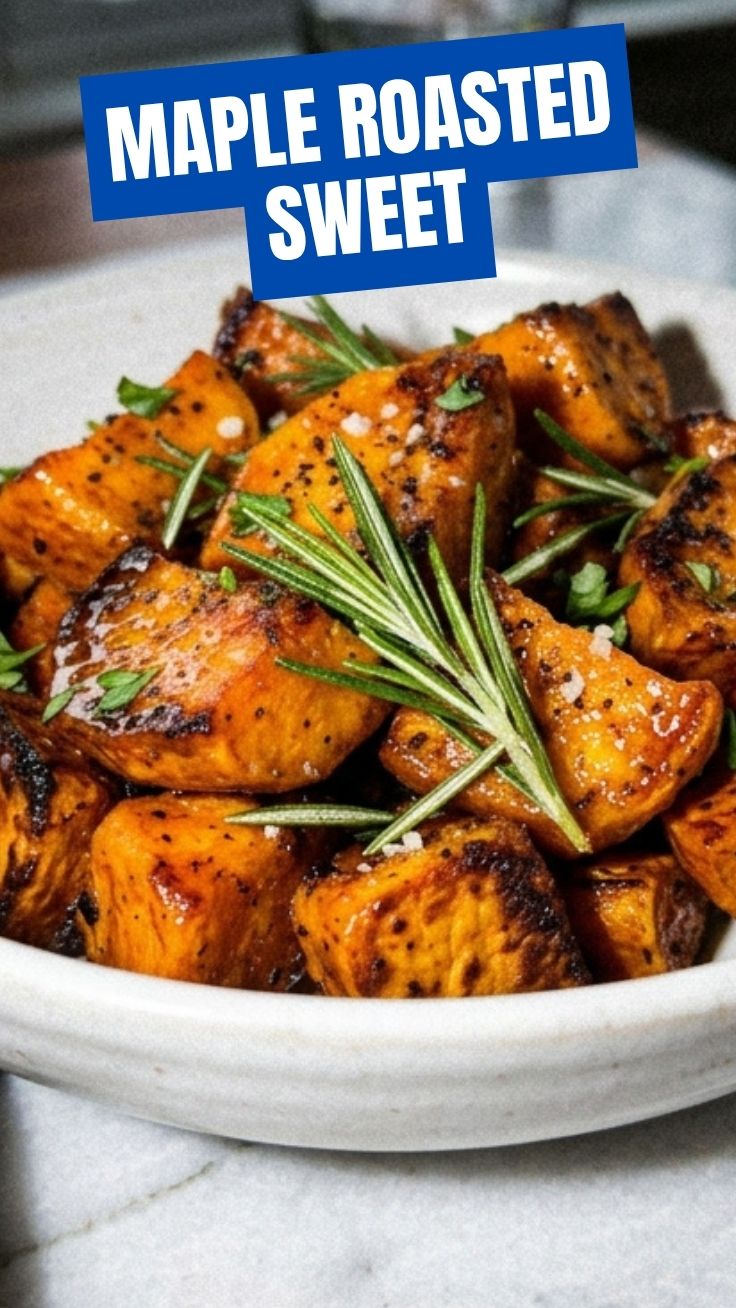 Maple roasted sweet potatoes on a baking sheet