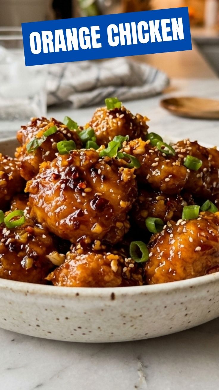 A close-up of crispy orange chicken pieces glazed with a tangy sauce, garnished with sesame seeds and green onions.