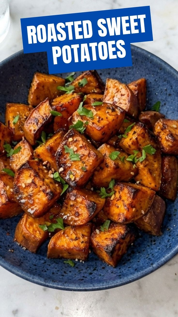 Golden roasted sweet potatoes on a baking sheet