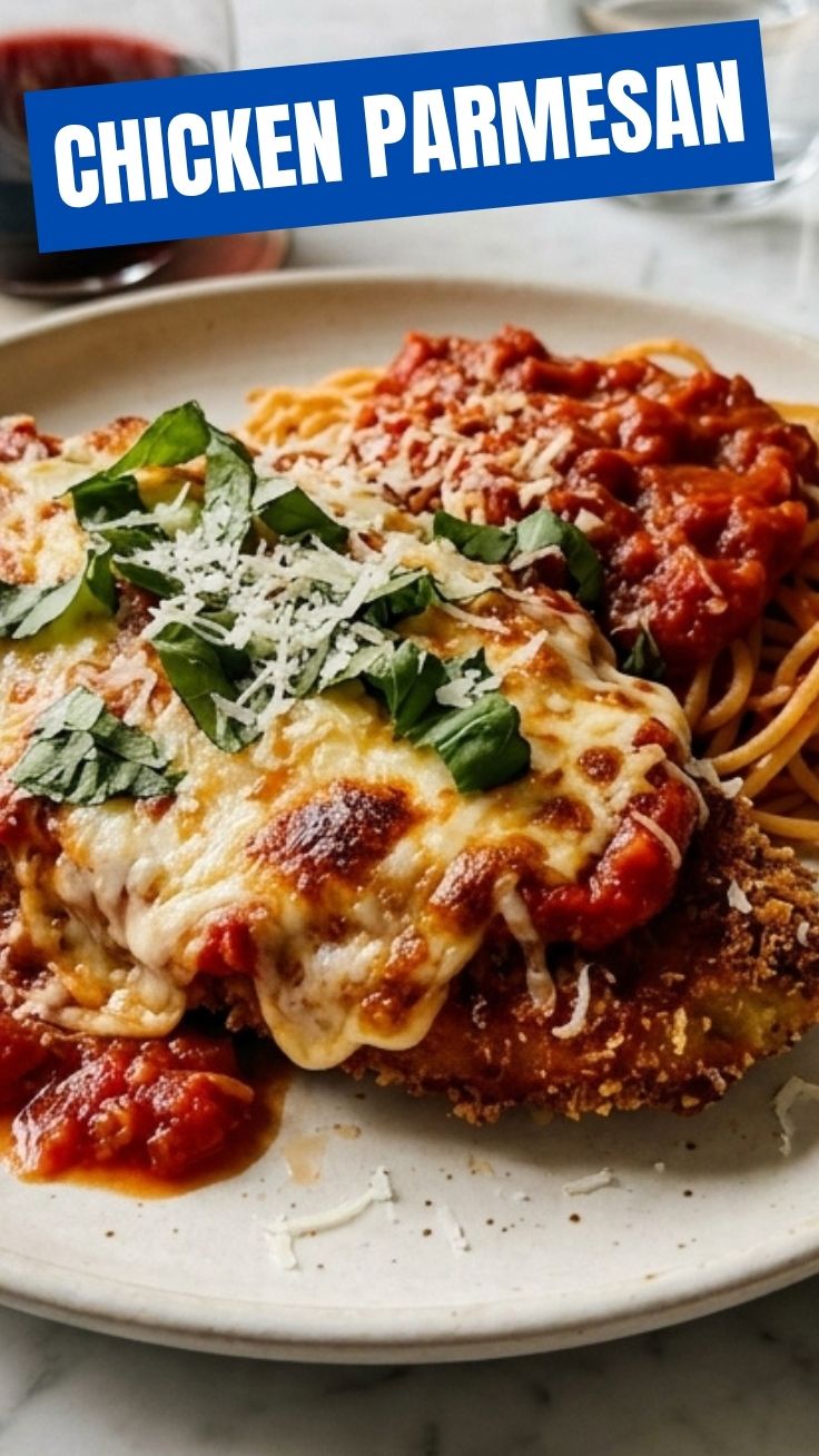 A serving of chicken parmesan topped with melted cheese and marinara sauce.