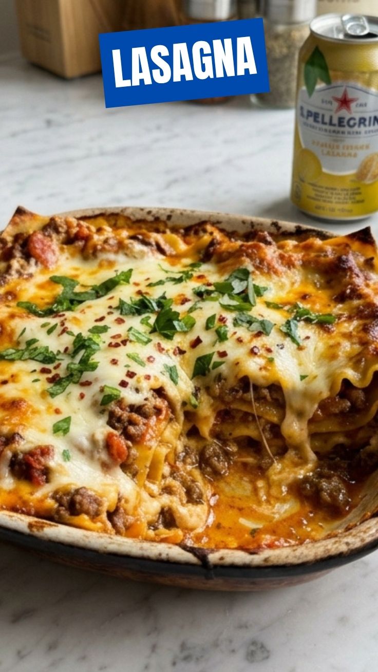 A freshly baked lasagna with bubbling cheese and rich tomato sauce
