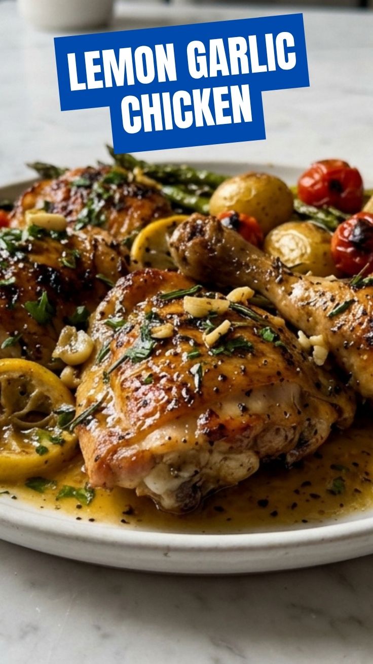A serving of flavorful lemon garlic chicken with herbs on a white plate.
