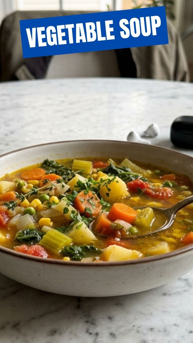 A steaming bowl of colorful vegetable soup, rich with garden-fresh ingredients.