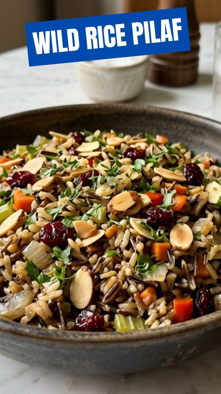 Wild Rice Pilaf served in a ceramic dish with fresh parsley garnish
